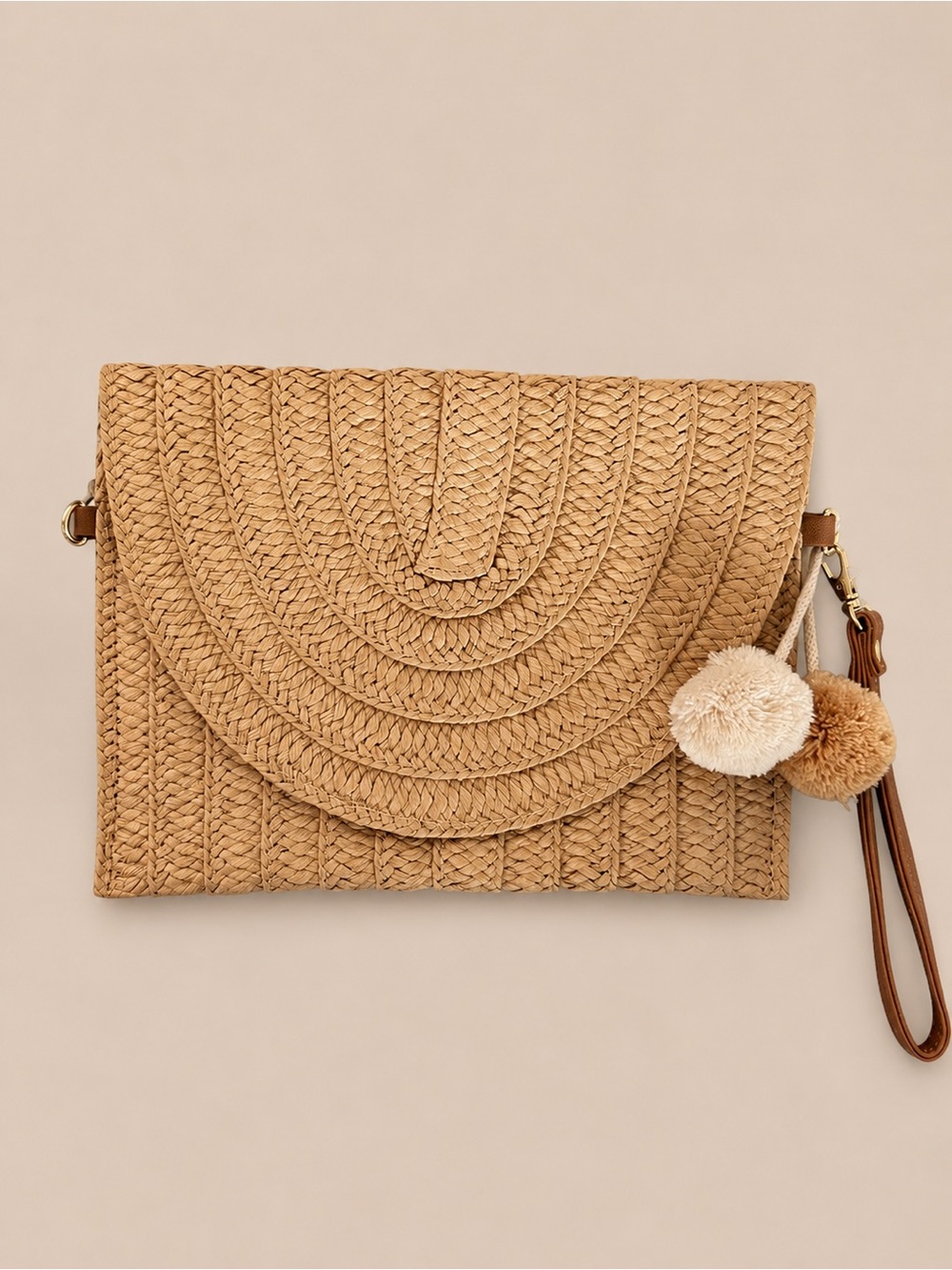 Woven Raffia Envelope Clutch Crossbody Pom Pom Wristlet Tan